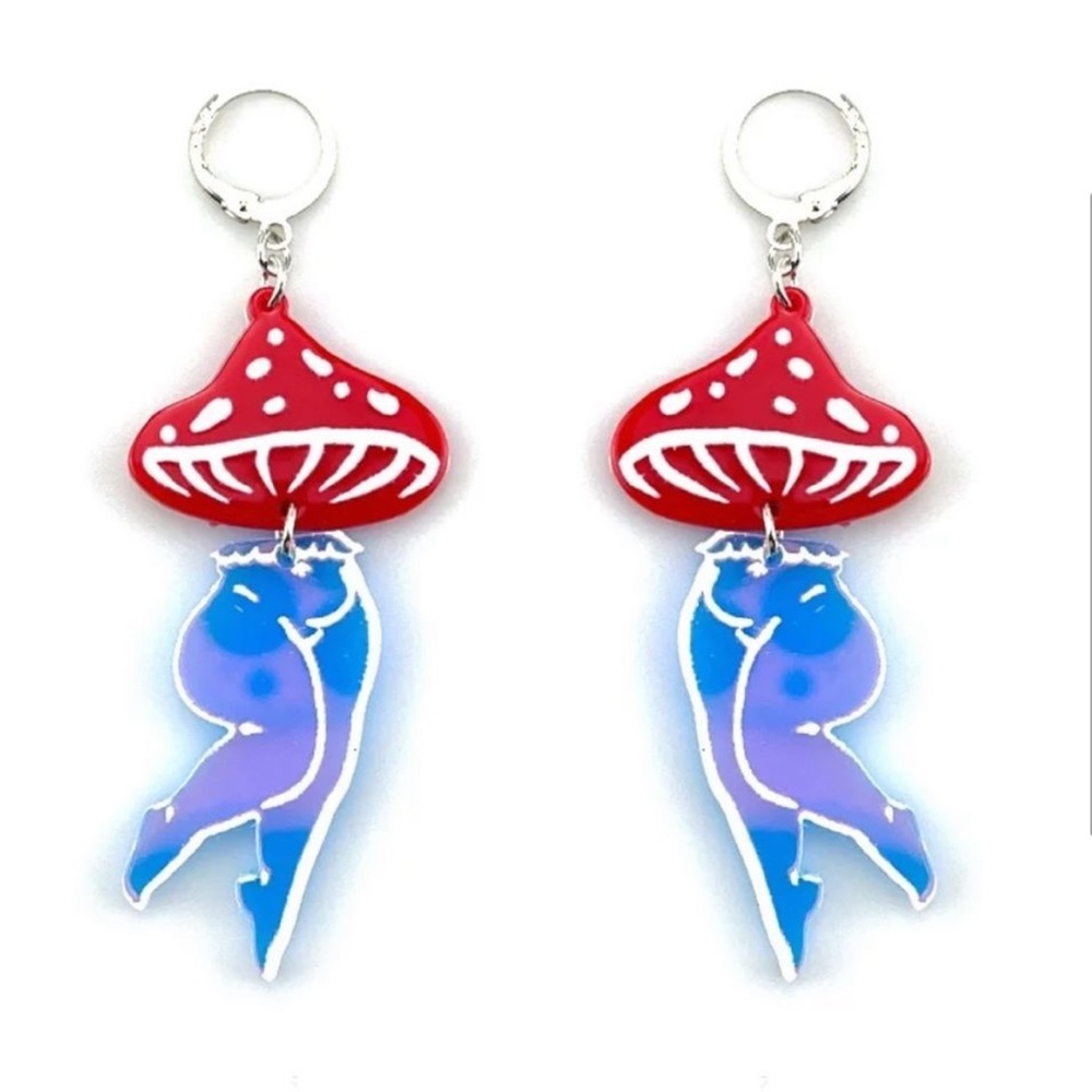Mushroom lady earrings acrylic psychedelic rave festival edc Alice in wonderland